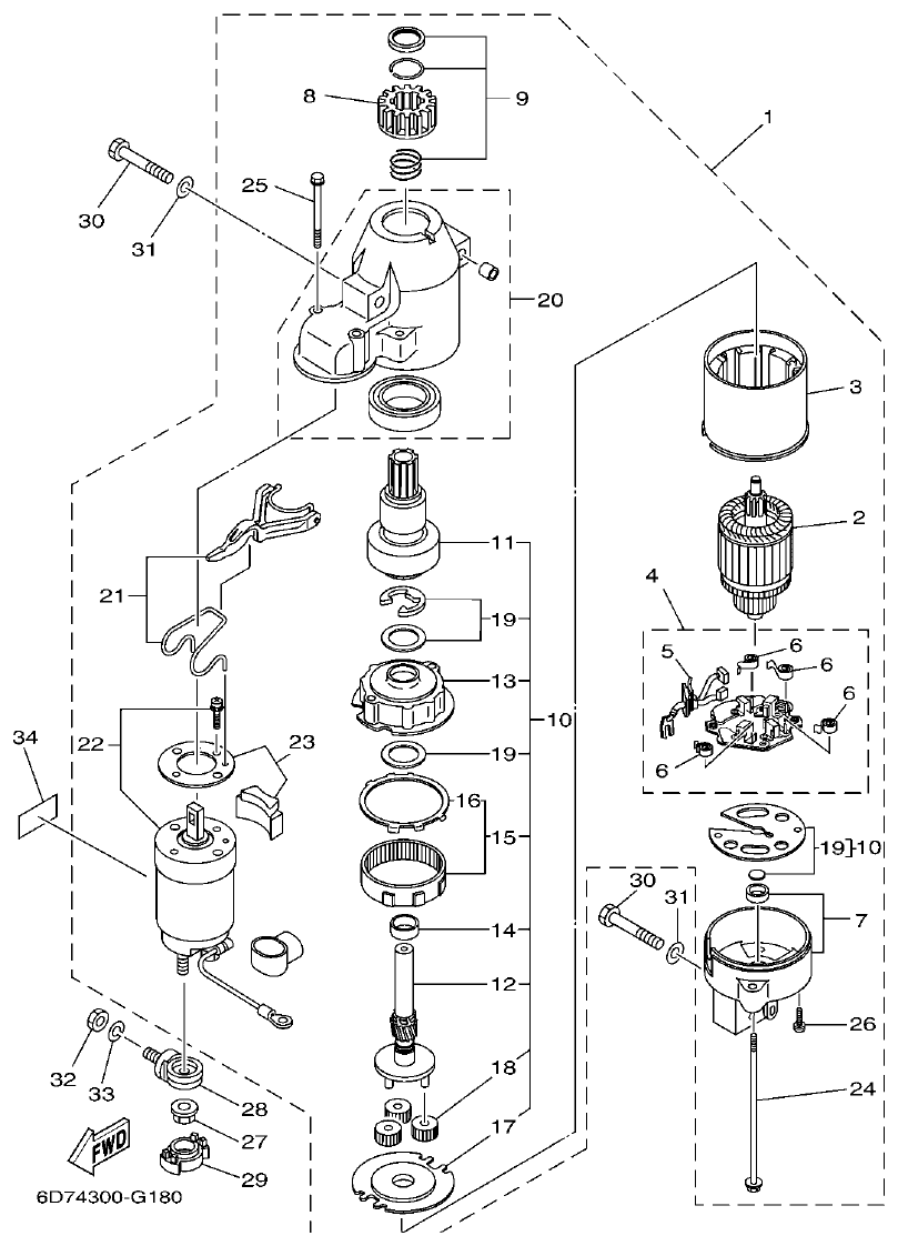 Yamaha F80BET, F100DET STARTING MOTOR parts diagram